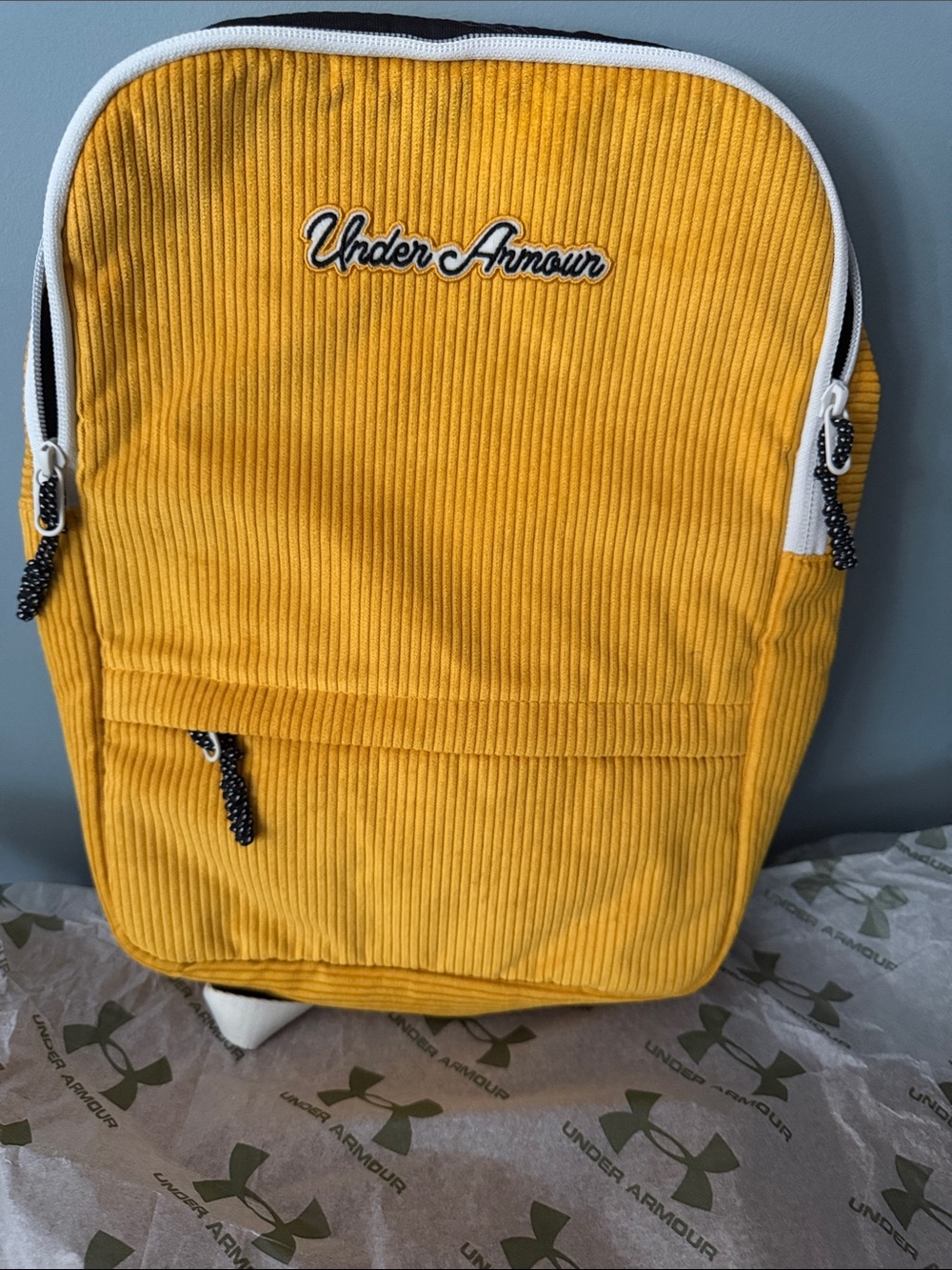 Under Armour Mustard Yellow Corduroy Backpack with White Trim